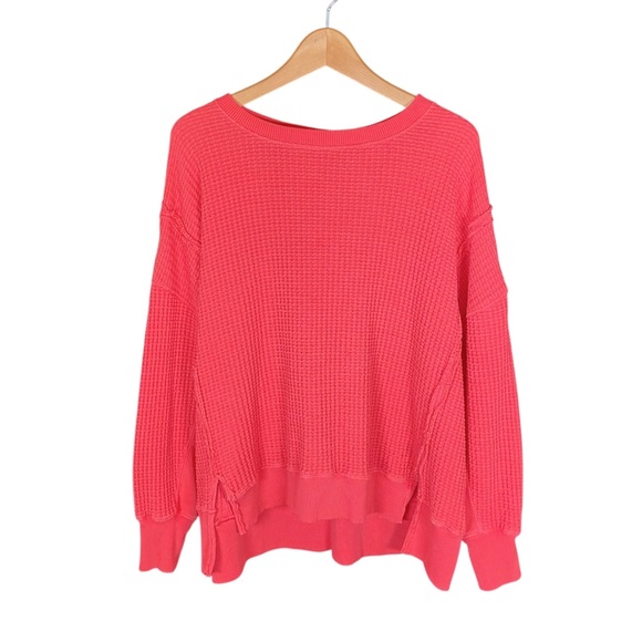 American Eagle Sweatshirt Women’s Small Coral Red Waffle Knit Oversized Sweater - Picture 1 of 5